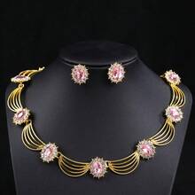 A Set Of European And American Exaggerated Imitation Crystal Pearl Gemstone Accessories Stage Super Shiny Decorative Necklace Earrings Set For Bride Banquet Women - 6 - 查看 6