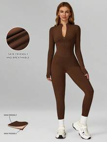 MFVIM Deep Brown Slim Fit Thermal Jumpsuit, Comfortable Casual Sexy Activewear For Yoga, Gym, Running And Workout, Versatile Autumn/Winter Jumpsuit - Coffee Brown - View 5