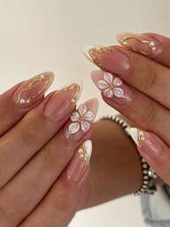 24pcs Short Pointed Nail Stickers, Gold Line French White Flower Pearl Cute Nail Sticker Set (Includes 1pc Jelly Gel And 1pc Nail File), Suitable For Women's Daily, Date, Party
