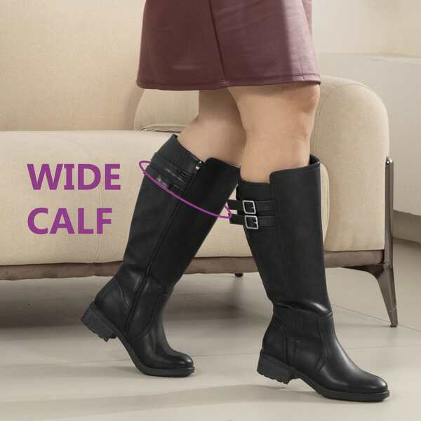 Women's Extra Wide Calf Stacked Buckle Hidden Stretch Block Heel Knee High Boots