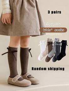 3 Pairs Of Girls' High Socks With Bow Elements, Elegant Retro Style, Suitable For Kindergarten Activities And Autumn Outings, Randomly Shipped - Multicolor - View 12