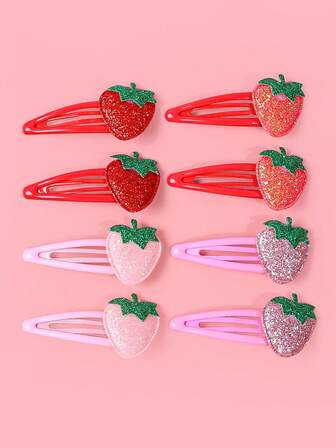 8个装女士亮片草莓BB发夹，时尚可爱百搭休闲简约发饰，适合日常、通勤、派对、假日等场合，可作发爪、发夹、发卡等。