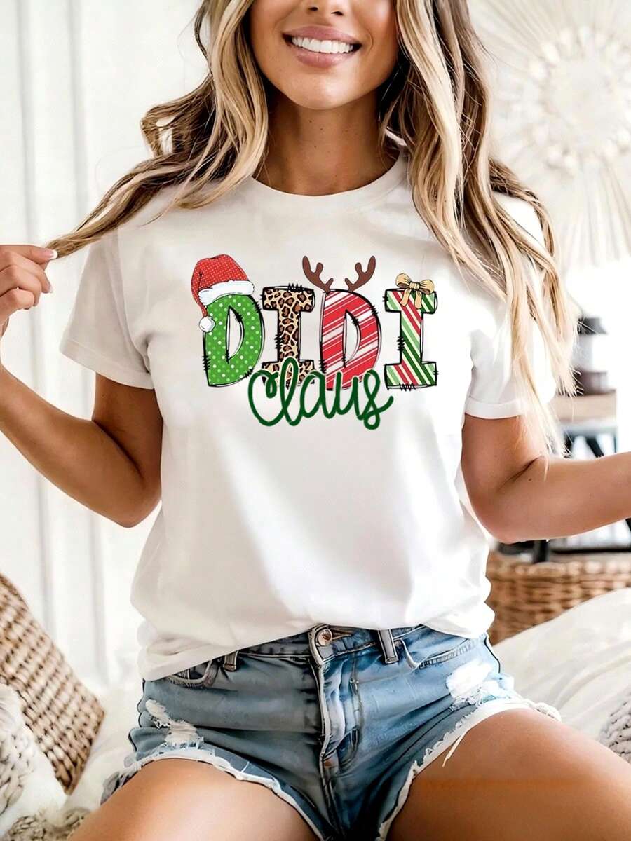 Christmas Didi Claus Print T Shirt Holiday Season Casual Wear Women 220g - trắng - Xem 1