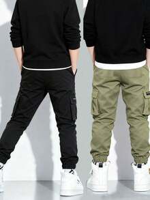2条装 男童时尚简约多口袋休闲工装裤（实际尺码偏小，建议根据图片选择大一码） - 軍綠色 - 查看 2