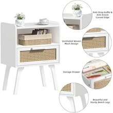 Lerliuo Rattan Nightstand, Boho Side Table With Drawer Open Shelf, Cane Accent Bedside End Table With Solid Wood Legs For Bedroom, Dorm And Small Spaces ()(White With Natural 2 Pack) - Type4 - 查看 9