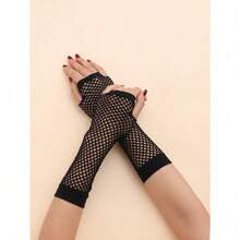 1pair Black Elastic Fishnet Fingerless Gloves For Women, Wedding Decoration And Simple Fashionable Arm Warmer - Black - View 4