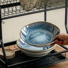 1pc (5.91*1.77*8.86inch) Handmade Large Capacity (1100ML) Ombre Blue Ceramic Bowl, Suitable For Dining And Home Use, Vintage Asymmetrical Rice Bowl, Crackle Glaze, Fruit Bowl, Unique Shape - Multicolor - View 7