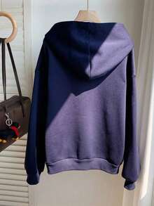 Sudadera  SudaderaschristmasAttitoon Casual Minimalist Navy Blue Hooded Long Sleeve Loose Fit Thick Sweatshirt For Women, Suitable For Autumn/Winter,FallLoose And Comfortablewinter Clothes For Women>Sweatshirtswinter Clothes For Women>Sweatshirts - Navy Blue - 查看 2