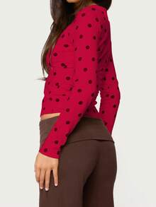 Women Long Sleeve Shirts Dots Print Slim Fit Tops Basic Tee 2025 Fall Outfits Casual T-Shirt Underscrubs Layer Clothes - Đỏ - Xem 3