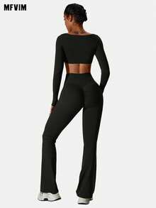 MFVIM Women's Black Long Sleeve Cropped Top And Flare Pants Set, Square Neck Fitted Style And High Waist Elastic Tummy Control Flare Yoga Pants. Suitable For Outdoor Running, Cycling, Yoga, Pilates, Gym Workout, 2-Piece Fitness Outfit For Women - Black - View 4