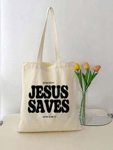 "Good News!Jesus Saves"Print Tote Bag,Christian Tote Bag, Vintage Bible Verse Printed Tote Bag, Christian Gift, Large Capacity Fashionable And Durable Shoulder Bag, Suitable For Outdoor Picnic, Party, Travel, Shopping. - 米色 3 - 查看 9