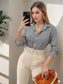 Women's Dress Shirt With Buttons, Women's Fashion, Striped Shirt - 黑色條紋襯衫 - 查看 2
