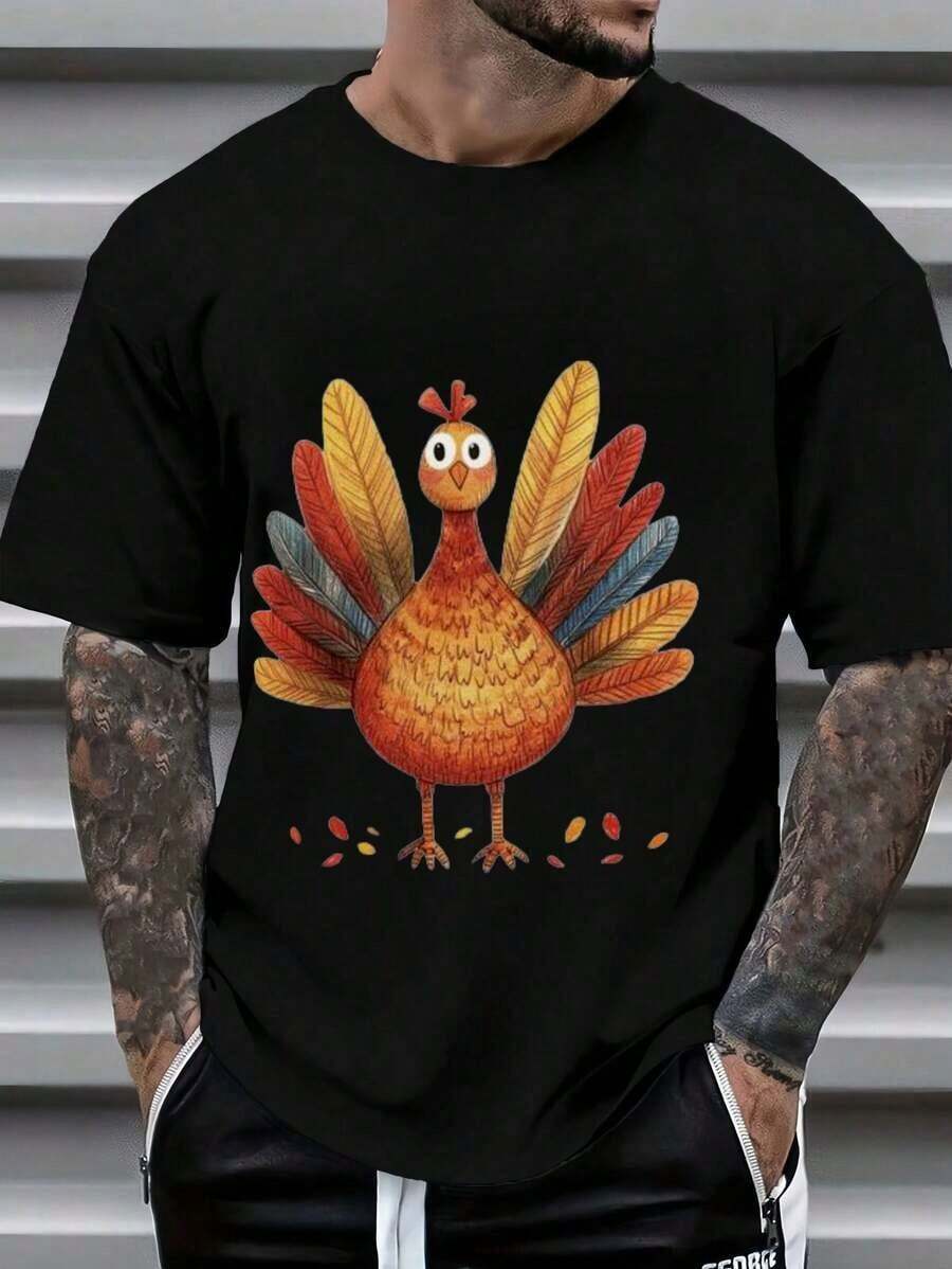 Camiseta de Pavo de Acción de Gracias de Dibujos Animados - Linda Camiseta de Pájaro de Plumas Coloridas, Cuello Redondo de Algodón Suave, Ropa Cómoda para las Fiestas - Día de Acción de Gracias, Temporada de Otoño, Reuniones Familiares y Celebraciones Festivas para Niños y Adultos 9ZSN - Negro - Ver 1