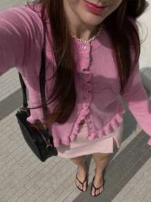 Knit Mix Elegant Women's Cardigan, Thick Knit Sweater Jacket In Romantic French Style For Christmas & New Year, Cute Round Neck Pullover - Pink - View 9