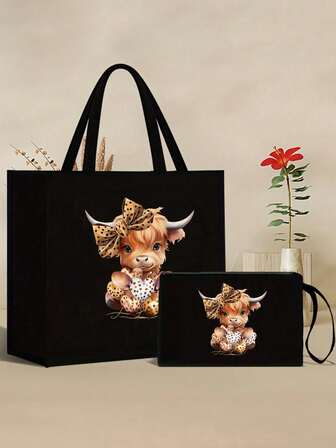 Highland Cow Printed Black Linen Handbag,Cute Bow Leopard Design Highland Cow Pattern, Large Capacity Cosmetic Bag With Hand Rope,Christmas Gift, Black Linen Coin Purse, Black Block Shopping Bag,Cosmetic Bag, Featuring Artistic Letter And Pattern Print Design For Women,Everyday Use As A Convenient Shopping Bag.Teacher'S Thank-You Gift, Women'S Linen Large Capacity Tote Bag,Tote Bag And Makeup Pouch Set