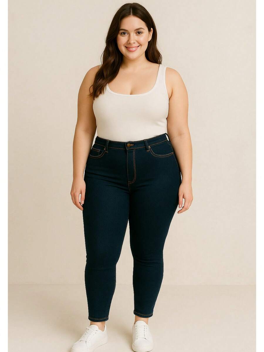 Pantalones Jeans Vaqueros de Mujer Largos Ajustados Strech de Talla Grande con Bolsillos Boton y Cremallera Informal Casual para Uso Diario Sexy Curvy Moda - #5 Azul Marino - Ver 1