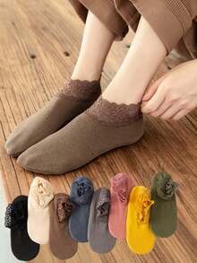 6/1pair Women's Boat Socks, German Fleece Autumn And Winter Warm Mid-Calf Silicone Non-Slip Thickened Lace Trim Winter Floor Socks - Multicolor - View 11