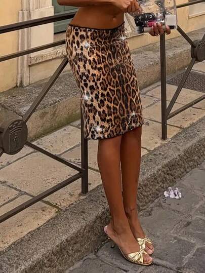 Women's Elegant Sequin Leopard Print Bodycon Knee-Length Skirt, Made Of High-Stretch Fabric, Suitable For Casual Outings