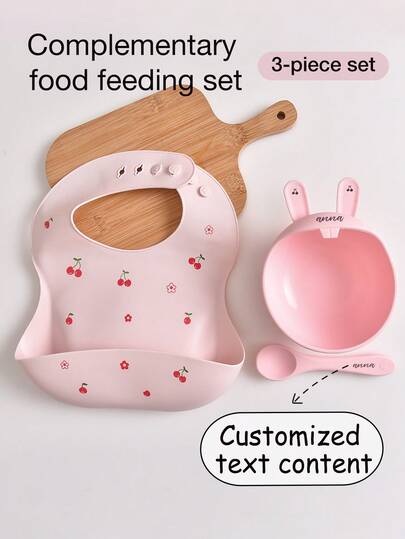 Conjunto de 3 peças de utensílios de silicone para bebês, incluindo babador, tigela e colher personalizados. Impermeáveis, resistentes a sujeira e quedas, com estampa de coelho. Ideais para alimentação infantil, perfeitos para meninos e meninas. Ideais para todas as estações.