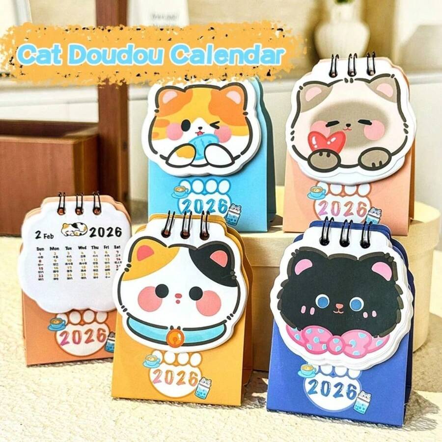 2026 Mini Cat Desk Calendar Cartoon Portable Creative Student Plan Desktop Check-In Desk Calendar Ornaments Office Desk Accessories - Multicolor - View 1