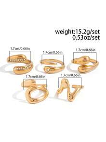 5pcs Fashionable Geometric Hollow Liquid Asymmetric Adjustable Gold Rings Jewelry Set, Suitable For Women's Daily Commute And All Occasions, Great Gift Choice - Gold - View 3