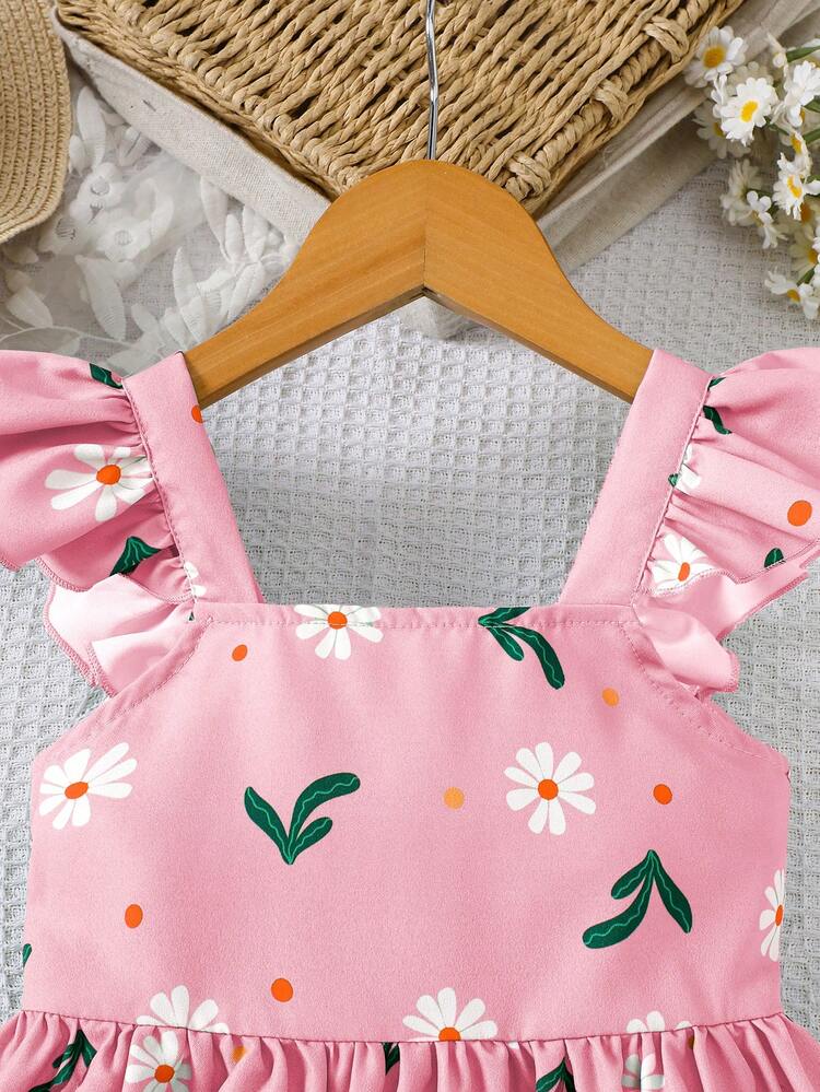 Young Girls Floral Print Sleeveless Waist Tie Casual Vacation Dress, Spring/Summer - Pink - View 3