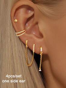 4 Pcs Unique Gold Plated Cubic Zirconia Double Hoop Chain Dangle Earrings For Women Ear Cuff Earrings For Woman Bead Stud Earrings Set