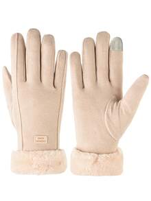 1 双女士冬季全指手套，保暖隔热内衬触屏手套，适合驾驶、骑行、户外活动，纯色