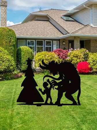 装饰艺术风格金属克朗普斯和圣诞树剪影 - 抽象落地式花园投影灯，无需电源或电池，是万圣节和圣诞节装饰、庭院艺术和花园装饰的理想之选。