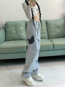 浅蓝色蝴蝶刺绣牛仔裤，宽松阔腿磨边裤脚 - 淺色水洗藍 - 查看 7