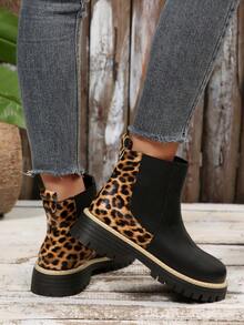 女士黑色粗跟时尚舒适切尔西踝靴，弹性PU皮革休闲踝靴，升级工艺设计，提升足部舒适度，豹纹撞色时尚设计，彰显优雅知性之美，经典百搭，秋冬季必备黑色踝靴 - 黑色 - 查看 7