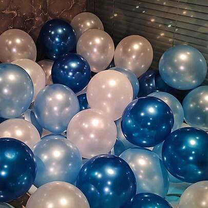 Bộ 60 bóng bay cao su 10 inch màu xanh kim loại + trắng ngọc trai + xanh ngọc trai, thích hợp trang trí đám cưới, sinh nhật, kỷ niệm, tiệc tiết lộ giới tính, tiệc tốt nghiệp.