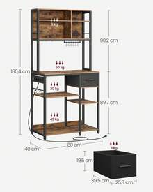 VASAGLE Estantería de Cocina con Multienchufe, Armario de Cocina, 40 x 80 x 180,4 cm, Estante de Microondas, Cajón de Tela, 12 Ganchos, Marrón Rústico y Negro Tinta - Negro - Ver 5