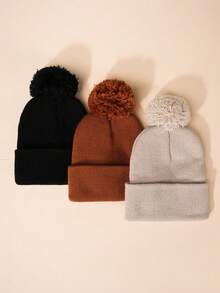 3 件套儿童/幼儿 Y2K 风格纯色针织帽带绒球，户外保暖休闲冬季帽适合日常通勤 - 彩色 - 查看 5