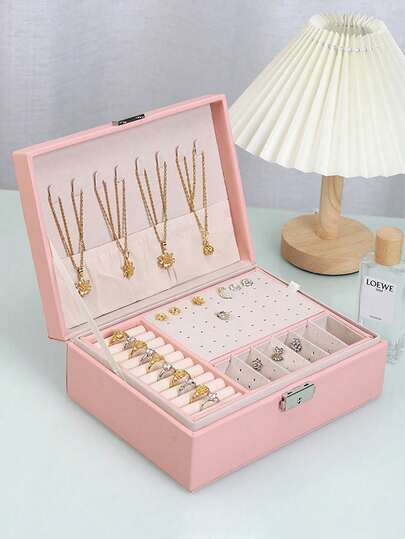 1pc Large Capacity PU Leather Jewelry Box, Double-Layer Lockable Jewelry Storage Box, Women's Jewelry Storage Box, Dustproof And Lossproof Jewelry Storage Box, Jewelry Storage And Display Box, Cosmetic Storage Box, Jewelry Storage And Organization, Home Essential, Suitable For Necklaces, Rings, Earrings And Other Jewelry Accessories, Holiday Gift, Christmas Gift, Gift For Women.