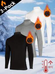 3pcs Men's Thermal Tops - Black, White, Gray Turtleneck Long Sleeve, Men's Elastic Tight Sportswear With Fleece Insulation Layer Suitable For Fitness, Running, Skiing And Outdoor Sports