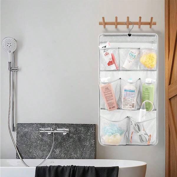 1 Peça Bolsa de Armazenamento Suspensa, Cesta de Chuveiro de Tela, Prateleira de Armazenamento de Banheiro, Cesta de Armazenamento de Chuveiro de Tela com Ganchos, Bolsa de Armazenamento de Banheiro Suspensa com Vários Compartimentos, Acessórios de Banheiro