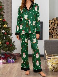 Women's Christmas Pajamas Set Long Sleeve V Neck Stocking Tree Print Tops And Pants Lounge Wear 2 Pcs Set
