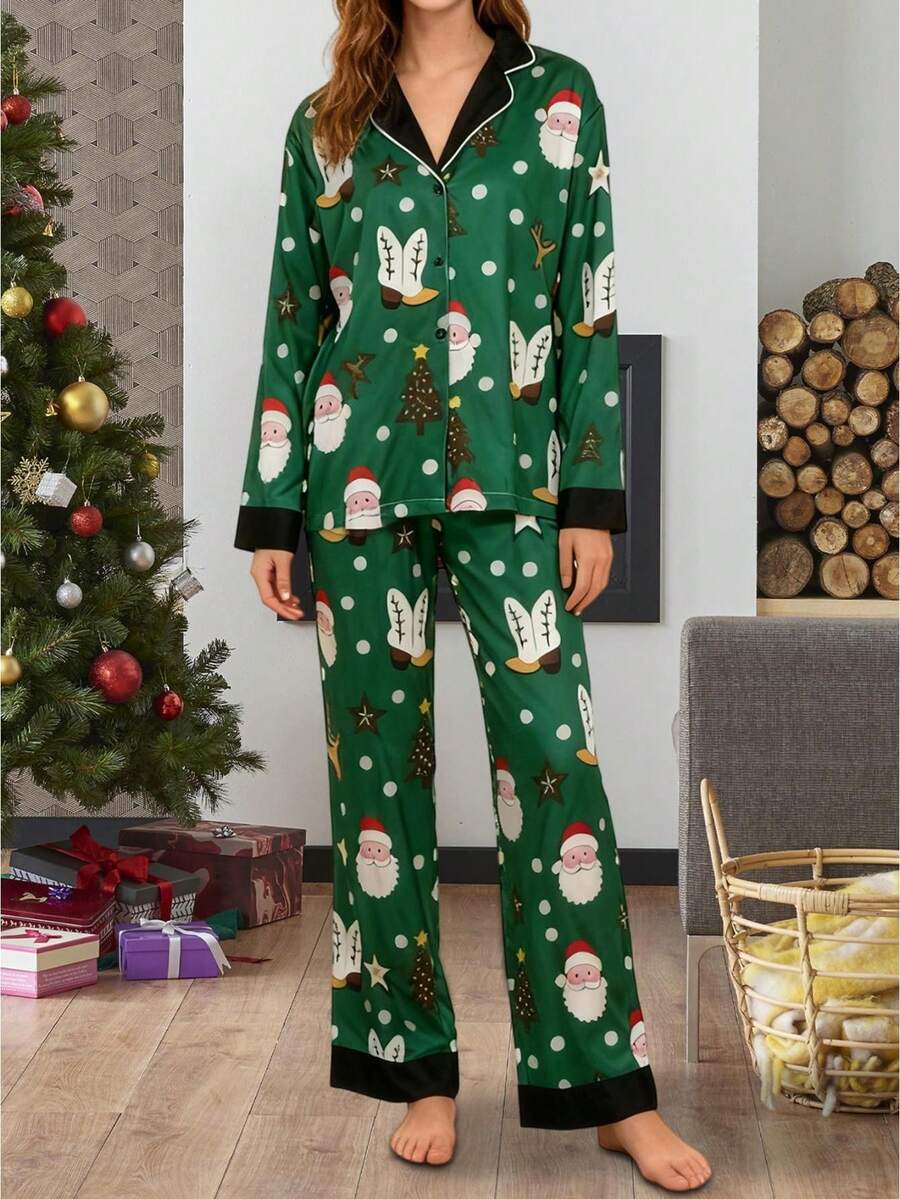 Women's Christmas Pajamas Set Long Sleeve V Neck Stocking Tree Print Tops And Pants Lounge Wear 2 Pcs Set