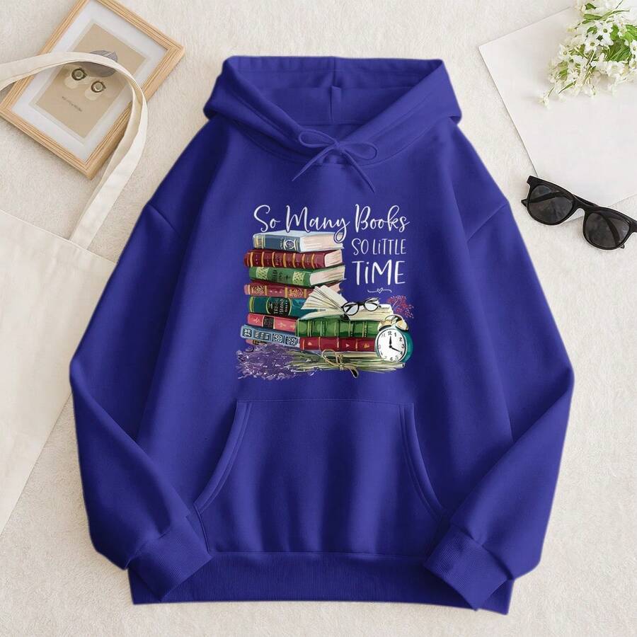 Printed Hoodie | "So Many Books, So Little Time" Vintage - Royal Blue - View 1