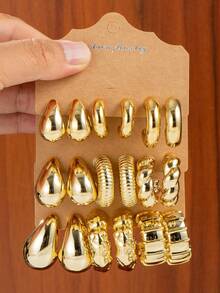6/18pcs Fashionable New Gold Chunky Twist C-Shape Teardrop Earring Set. Geometric C-Shape Exaggerated Personalized ABS Resin Material Earrings. Creative Vintage Circle Earring Set - Gold - View 1