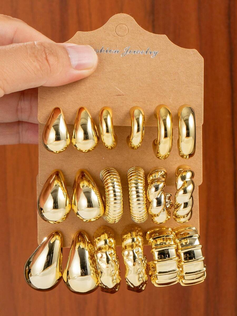 6/18pcs Fashionable New Gold Chunky Twist C-Shape Teardrop Earring Set. Geometric C-Shape Exaggerated Personalized ABS Resin Material Earrings. Creative Vintage Circle Earring Set - Gold - View 1