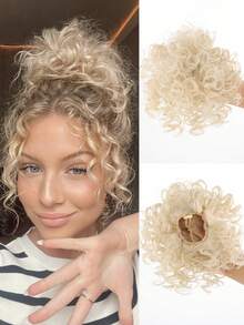 1 pieza Extensión de cabello sintético con moño rizado y ondulado desordenado con cordón elástico para uso diario, cosplay, festivales de música, fiestas y vacaciones de mujeres - Multicolor - Ver 12