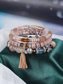 3pcs Bohemian Multi-Layer Beaded Bracelet, Vintage Evil Eye Beads, With Heart Tree Of Life Pendant, Elastic Unisex Bracelet, Suitable For Halloween Party Decoration