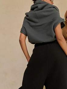Áo crop top không tay có mũ trùm đầu dành cho nữ, dệt kim, có dây rút và viền bó sát, mang đến vẻ ngoài thời trang - Màu xám đen - Xem 7