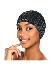 One-Piece Crocheted Mesh Hairnet Set, Knitted Scarf And Hat, Women's Thickened Hairnet, Sleep Scarf Cover, Black Hairnet, Long Straight Hair Protection Cap, Ballet Hat. - màu đen - Xem 2
