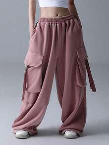 Men's Casual Cargo Pants, Multi-Pocket Wide Leg Outdoor Trousers, Pink - Pink - View 5