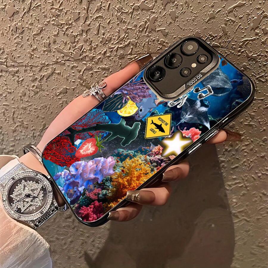 Este diseño de patchwork con temática oceánica es compatible con Samsung 22 Ultra 22 23 23 Ultra 23 FE 24 24 Plus 24 Ultra 16 15 14 13 12 11 7/8 7/8 Plus X X/S MAX, exclusivo, anti-suciedad, moderno, a la moda y colorido, con características IMD plateadas. - Colores mixtos - Ver 1