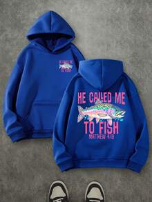 'HE CALLED ME TO FISH' Unisex Christian Hoodie, Christian Scripture Hoodie, Double Sided Printed (250g Polyester Fiber) Long Sleeve Fleece Hoodie, Christian Gifts, Casual Athletic Fall Hoodie, Men And Women's Long Sleeve Fleece Hoodie For Autumn And Winter, An Ultra-Soft And Comfortable Gift - 寶藍色 - 查看 1
