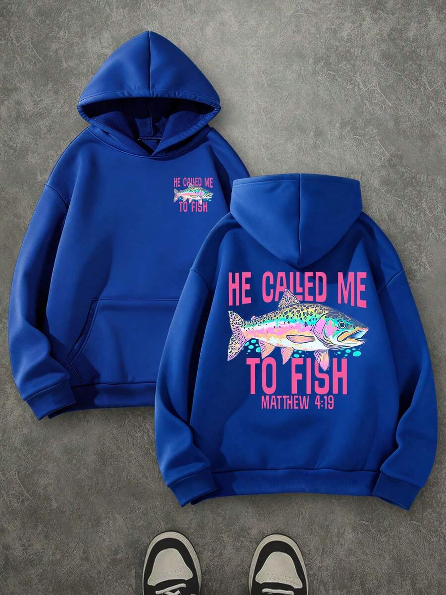 'HE CALLED ME TO FISH' Unisex Christian Hoodie, Christian Scripture Hoodie, Double Sided Printed (250g Polyester Fiber) Long Sleeve Fleece Hoodie, Christian Gifts, Casual Athletic Fall Hoodie, Men And Women's Long Sleeve Fleece Hoodie For Autumn And Winter, An Ultra-Soft And Comfortable Gift - 寶藍色 - 查看 1